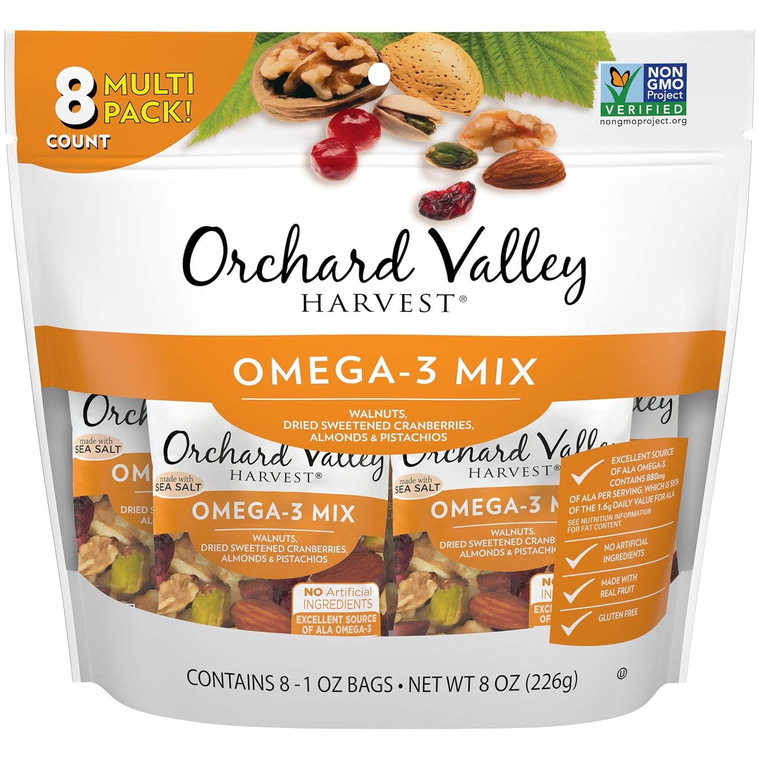 Orchard Valley Harvest Omega 3 Mix, 1 Ounce Bags (Pack of 8) Walnuts, Cranberries, Almonds, and P... | Amazon (US)