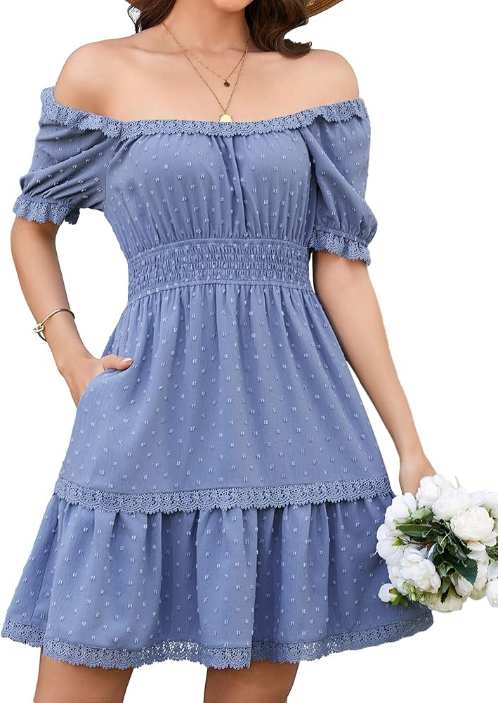 Florboom Women's 2026 Summer Boho Puff Sleeve Dresses Swiss Dot A Line Smocked Waist Mini Dress w... | Amazon (US)