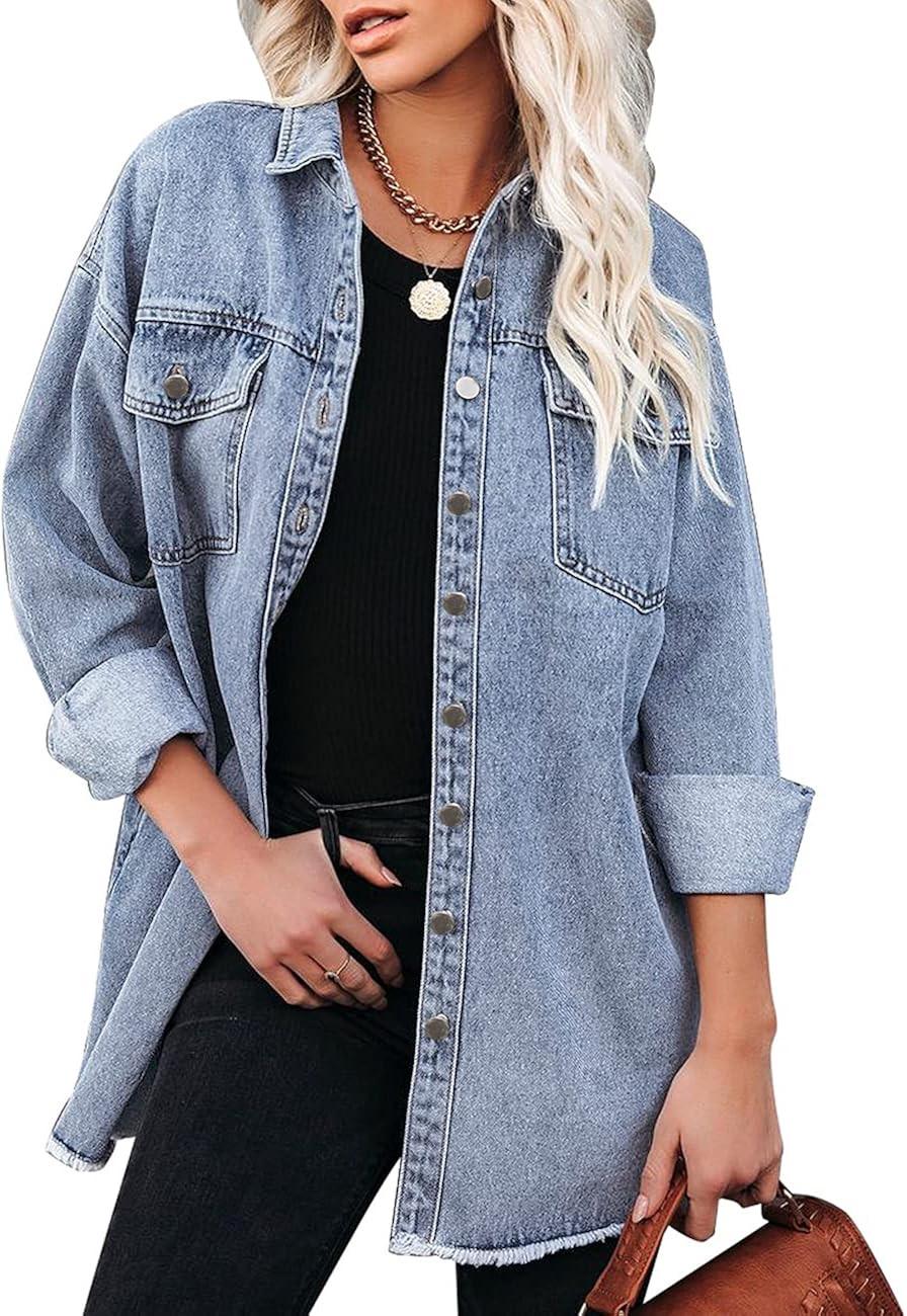 Vetinee Women’s Oversized Button Up Frayed Hem Shacket Long Sleeve Pockets Denim Jean Jacket | Amazon (US)