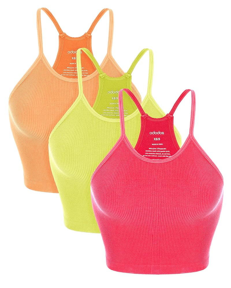 ODODOS Women's Crop 3-Pack Seamless Rib-Knit Camisole Crop Tank Tops | Amazon (US)