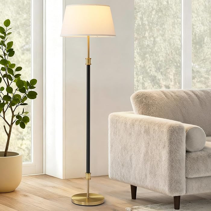 Modern Mid Century Floor Lamp with Soft Linen Shade, 63” Tall Black & Brass Standing Lamp, Weig... | Amazon (US)