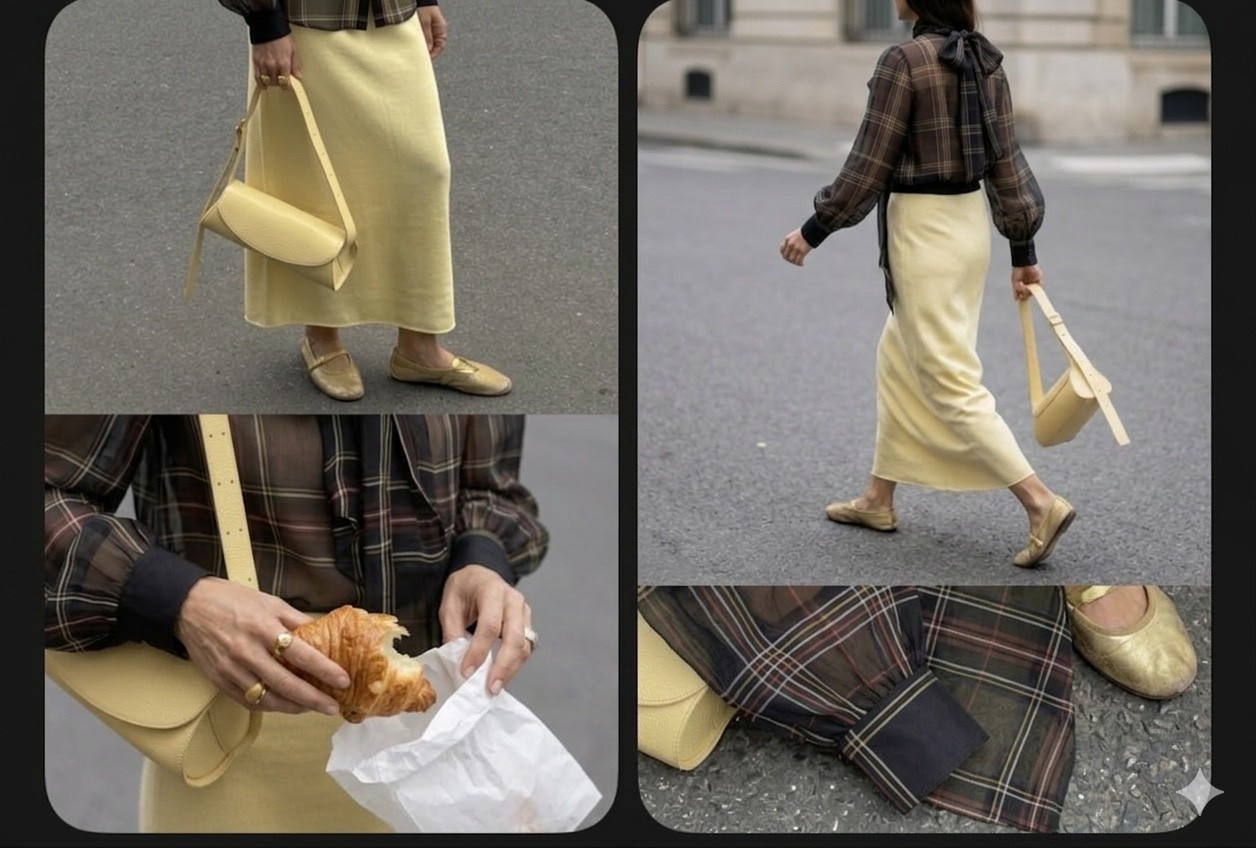 Butter yellow is quietly replacing beige.

The color sits somewhere between nostalgic and modern — soft enough to work like a neutral but warm enough to elevate an entire outfit.

Paired with a plaid blouse, flat leather shoes, and a structured shoulder bag, it creates the kind of effortless outfit that looks accidental but never actually is.

Linked: pieces recreating this palette.