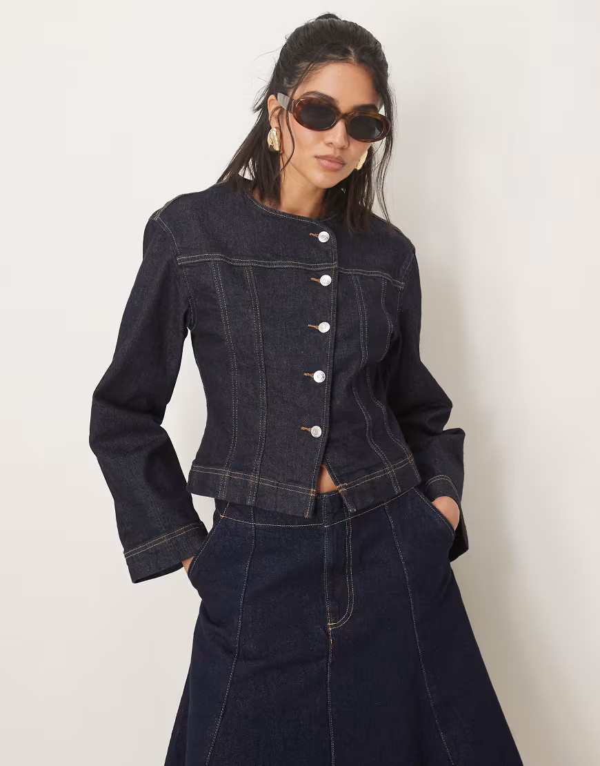 Gina Tricot co-ord strech denim jacket with cinch waist in rinse wash indigo-Blue | ASOS (Global)