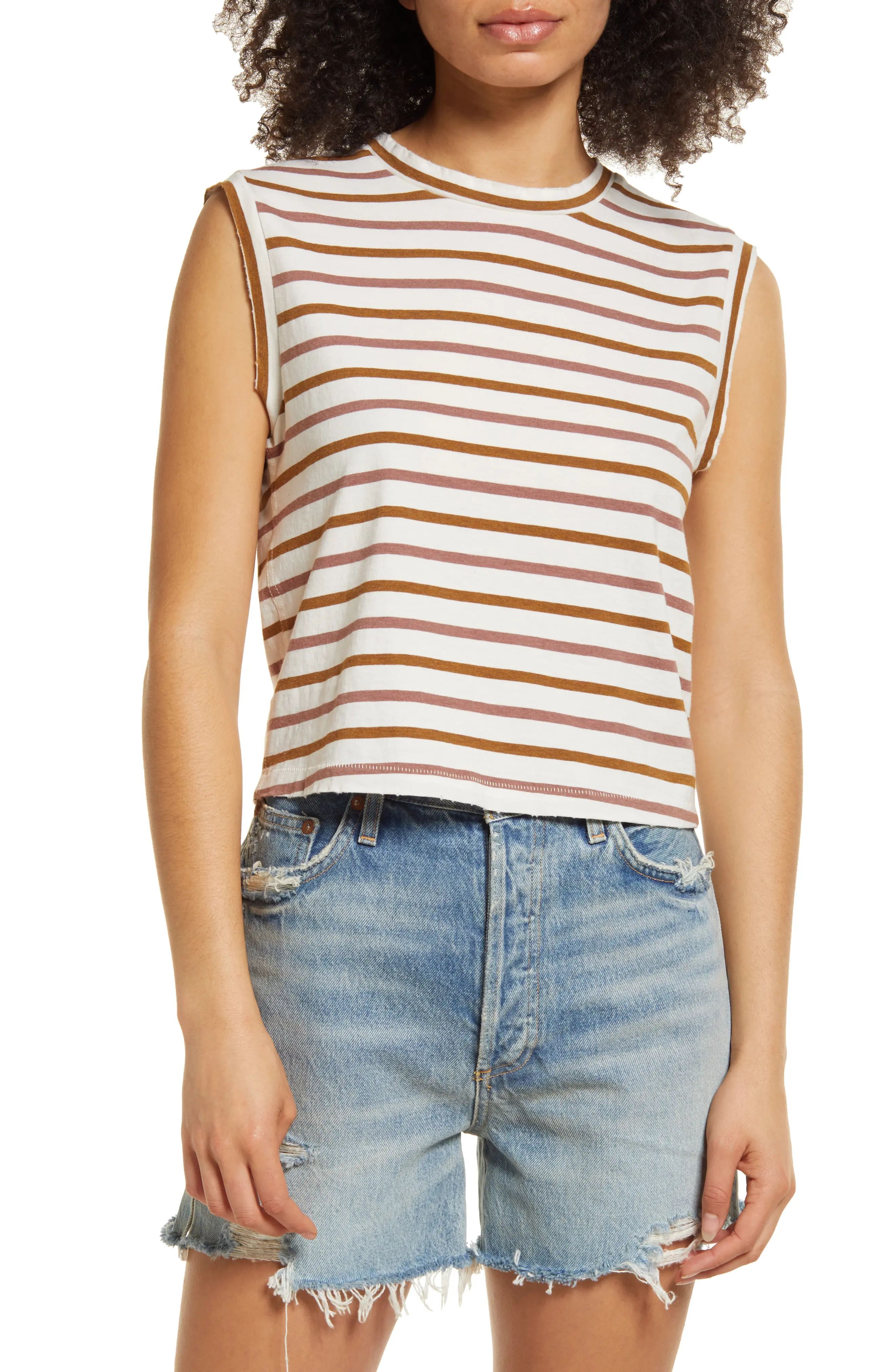 AMO Babe Stripe Cotton Tank Top in Rose/mustard at Nordstrom, Size X-Small | Nordstrom