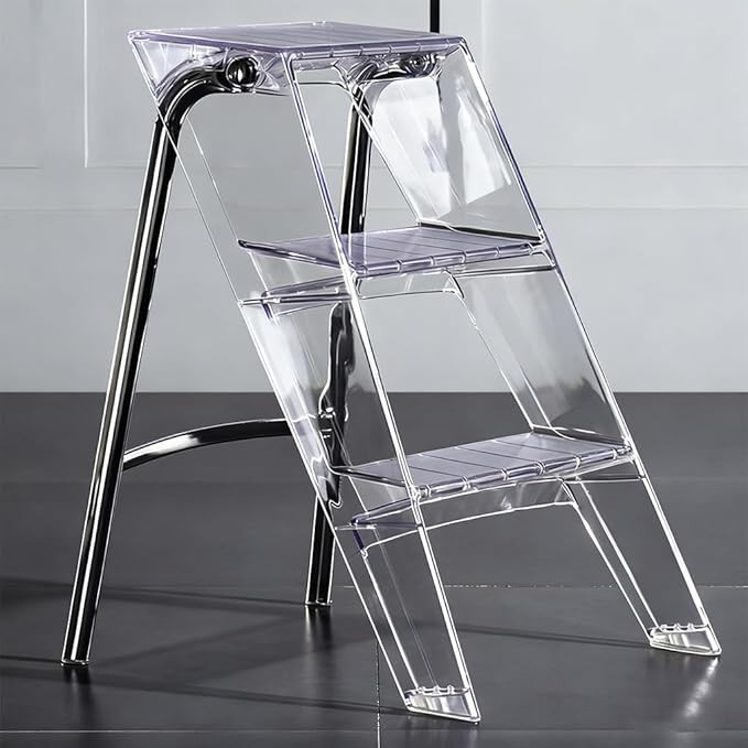 SHYM Transparent Acrylic 3-Step Ladder Step Stool, 150kg Capacity, Folding, Electroplated Silver ... | Amazon (US)