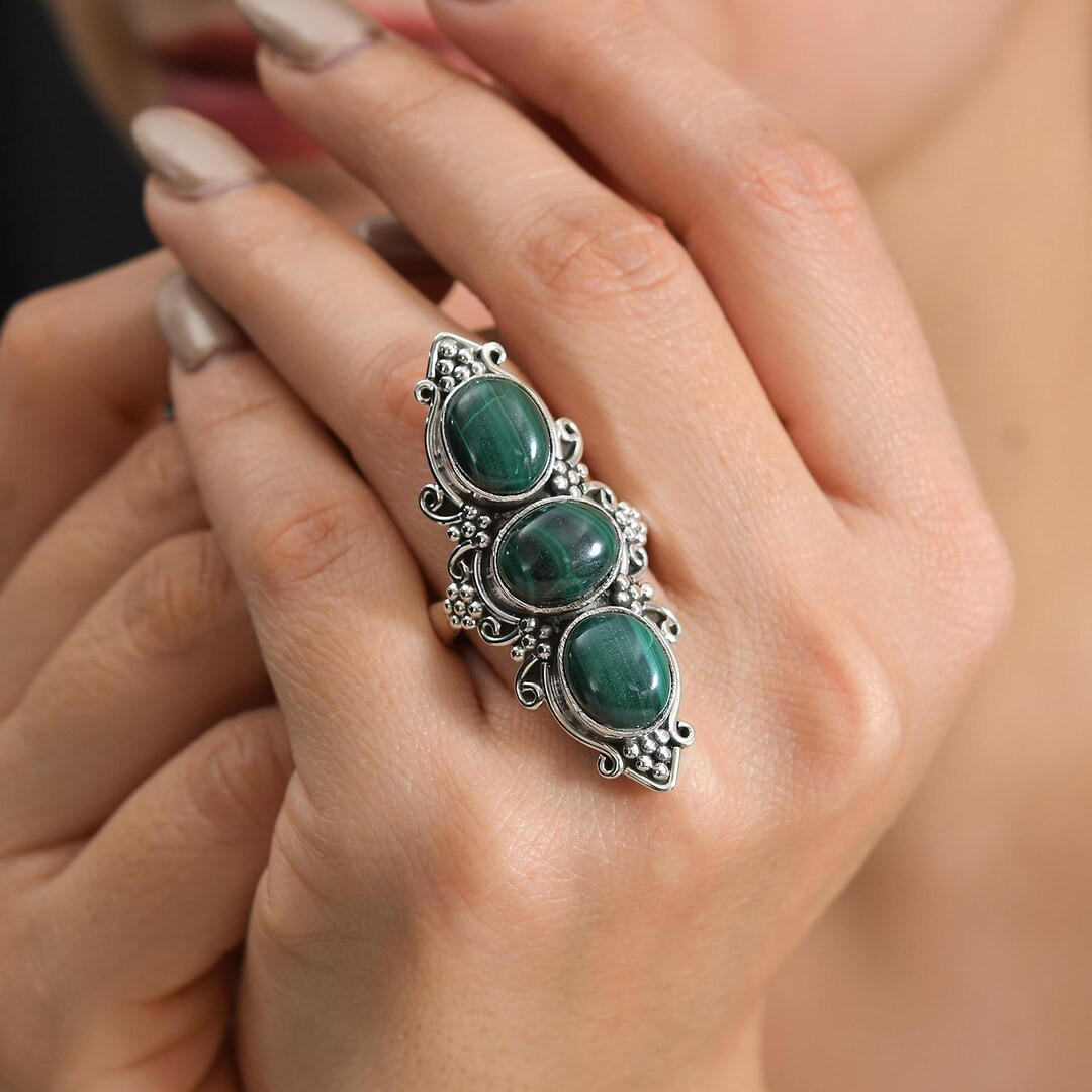 Elongated 3 Stone Malachite Ring / Natural Green Stone Handmade Sterling Silver Ring / Boho Chic ... | Etsy (US)