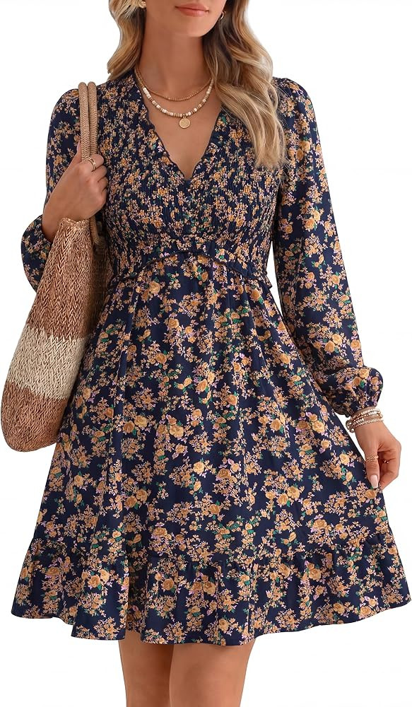 Simplee Womens 2026 Fall Wedding Guest Dress Floral Long Sleeve Smocked Flowy Casual Short Dresse... | Amazon (US)