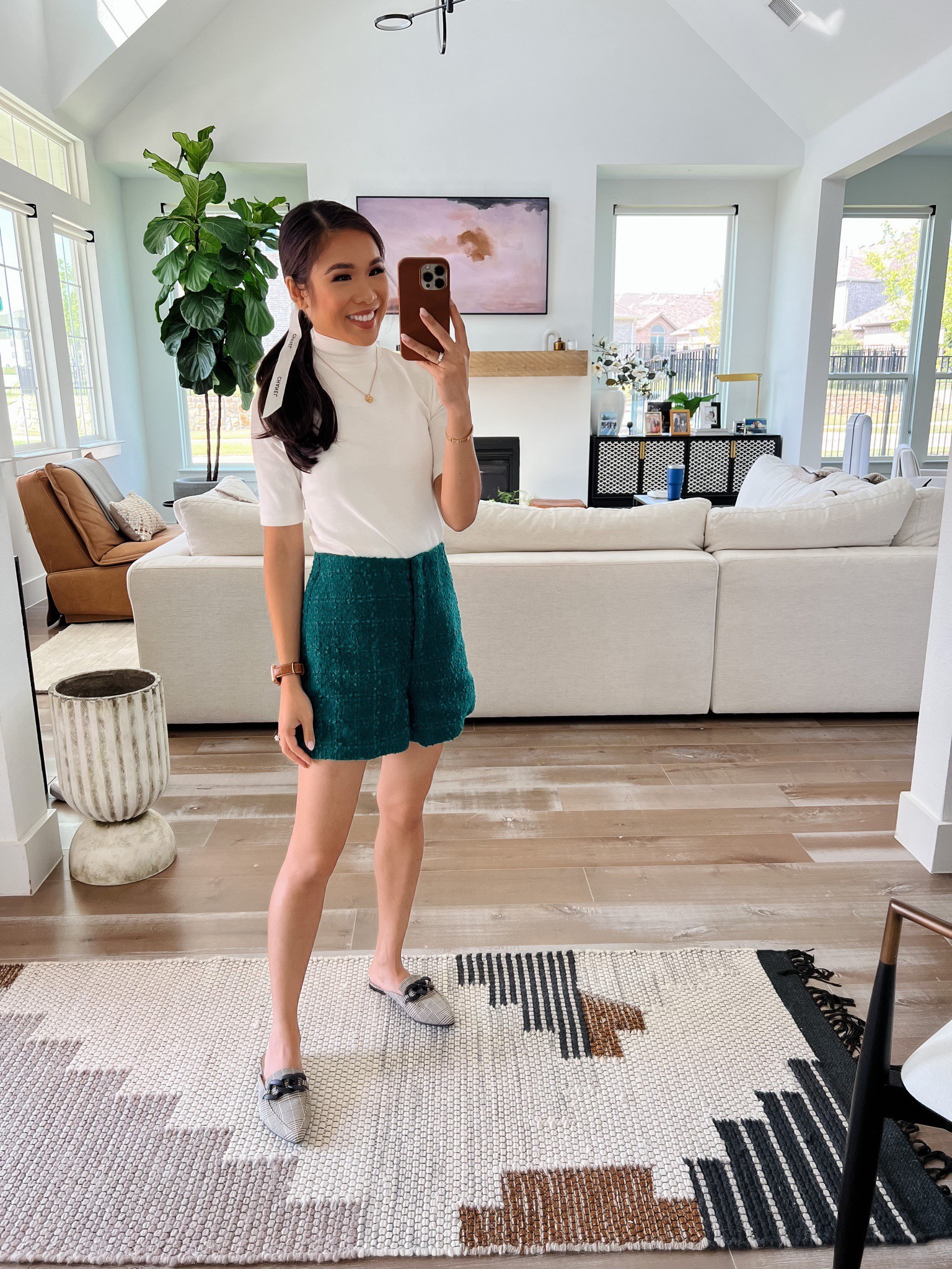 Fall outfit with a white mockneck top and green tweed shorts. Love how these are high waisted and the length is great for petite ladies. Wearing size XS. Pairing with plaid mules!

#LTKstyletip #LTKSeasonal #LTKshoecrush
