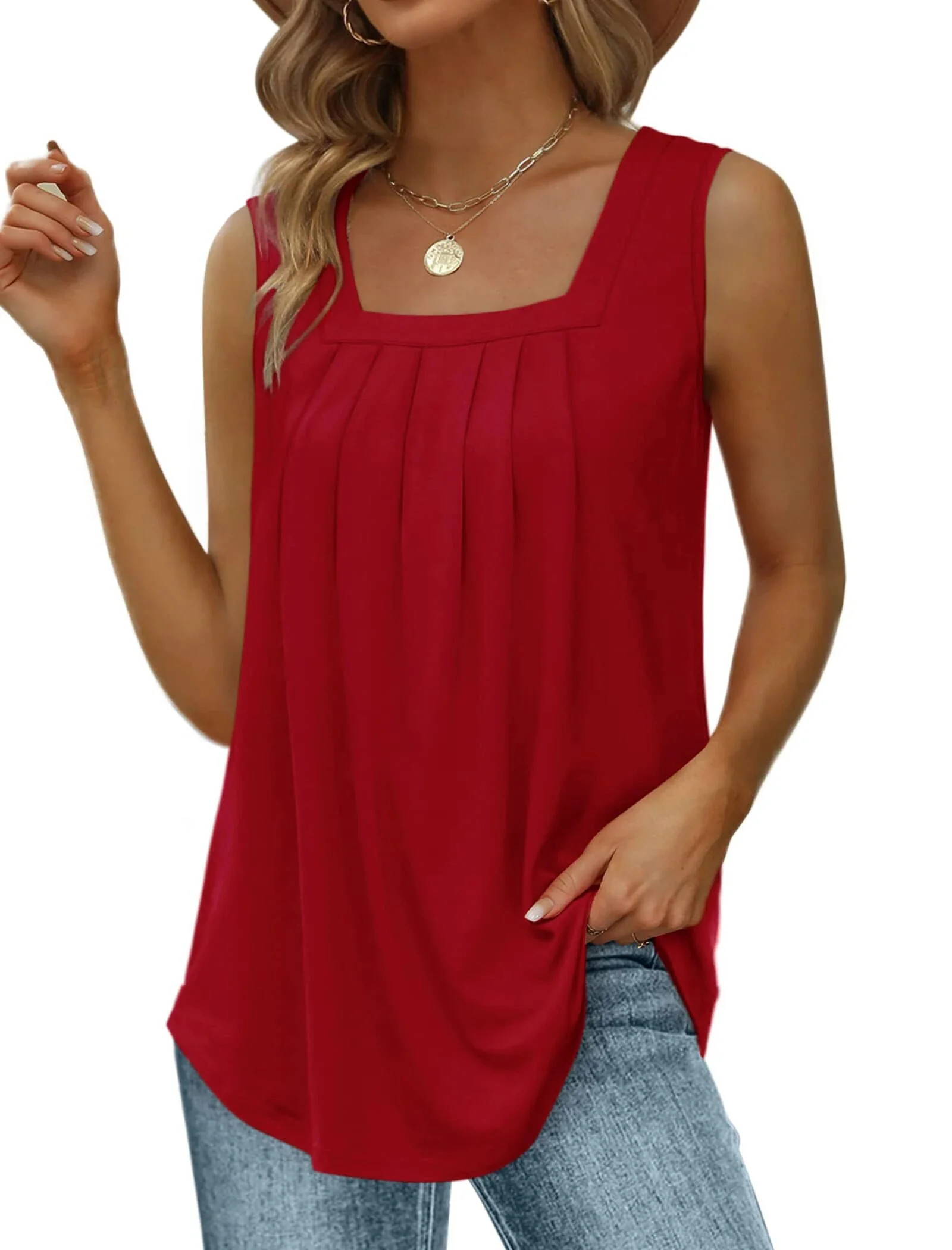 Fantaslook Tank Tops for Women Pleated Square Neck Sleeveless Summer Tops Curved Hem Flowy Shirts | Walmart (US)