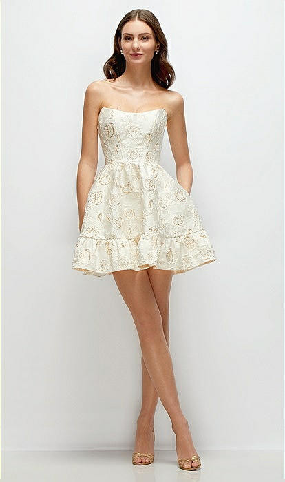 Strapless Cat-Eye Corset Ivory Gold Gilt Rosette Brocade Mini Dress with Ruffle Hem in Ivory Gold... | Dessy Group