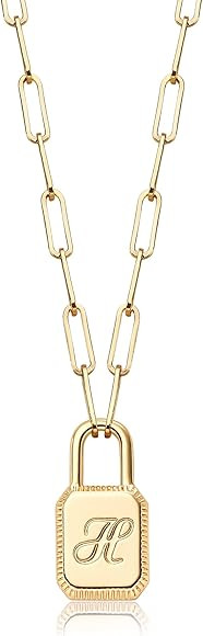 MTMY Lock Initial Necklaces,14K Gold Plated Adjustable Paperclip Chain Dainty Lock Necklace Perso... | Amazon (US)