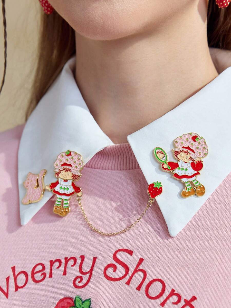 Strawberry Shortcake X SHEIN 3pcs/Set Cute Cartoon Character And Strawberry Pattern Brooch | SHEIN