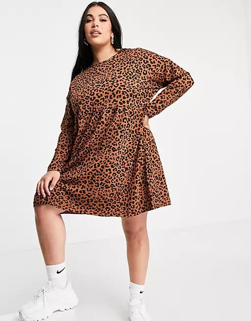 ASOS DESIGN Curve smock mini dress with long sleeves in leopard print | ASOS (Global)