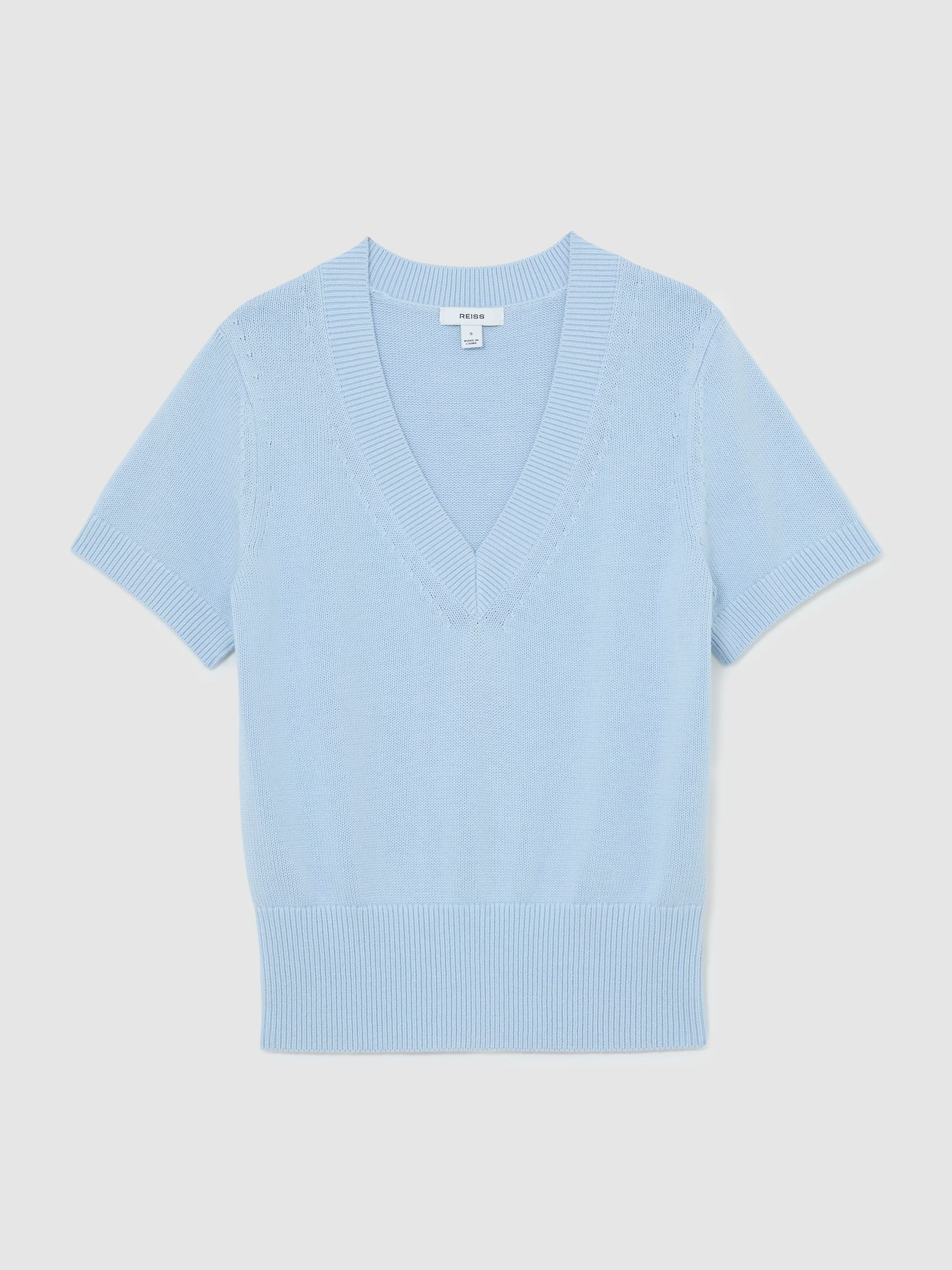 Reiss Cotton-Wool Knit V-Neck Top in Soft Blue - REISS | Reiss UK