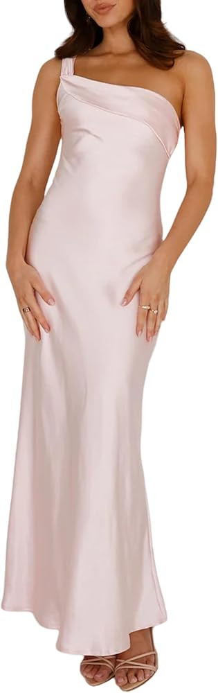 2025 Satin One Shoulder Maxi Dress for Women Summer Silk Formal Elegant Backless Ruffle Sleeveles... | Amazon (US)