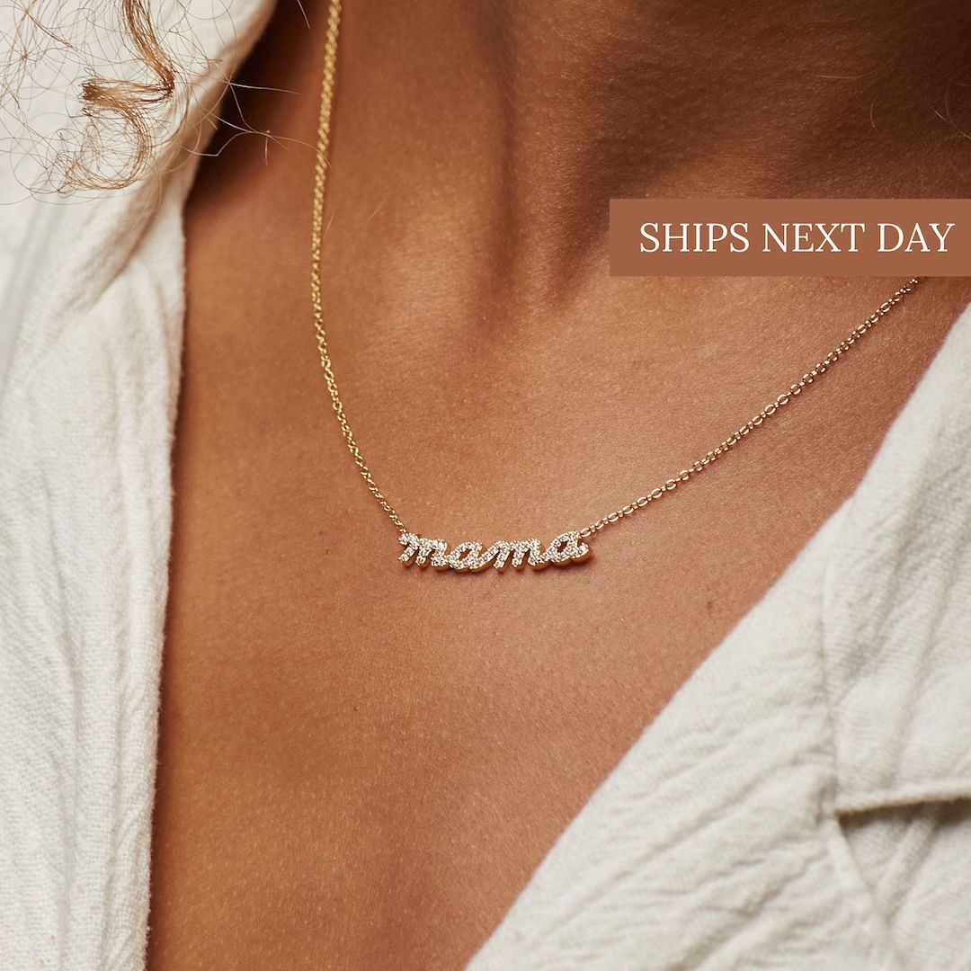 Pave Mama Script Necklace by Caitlyn Minimalist in Sterling Silver, Gold & Rose Gold • Perfect ... | Etsy (US)