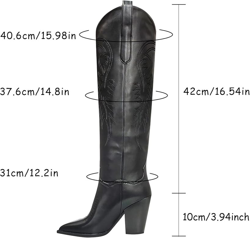 ISNOM Women's Western Boots Knee High Boots, Cowboy Cowgirl Embroidered Chunky Block Heel Pointed To | Amazon (US)