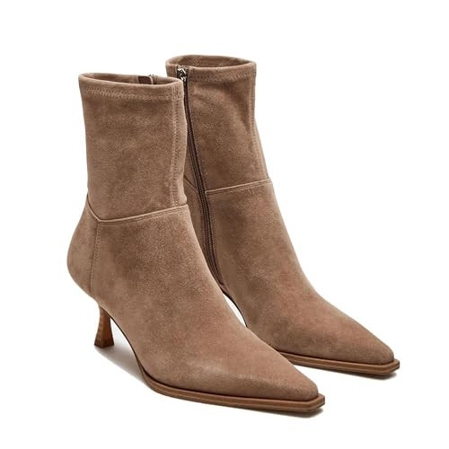 Goiphrri Brown Ankle Boots for Women Stiletto High Heel Boot Pointed Toe Short Booties Side Zipper Dress Kitten Heel Booties Elastic Fashion Trendy Fall Boots Size 9.5 | Amazon (US)