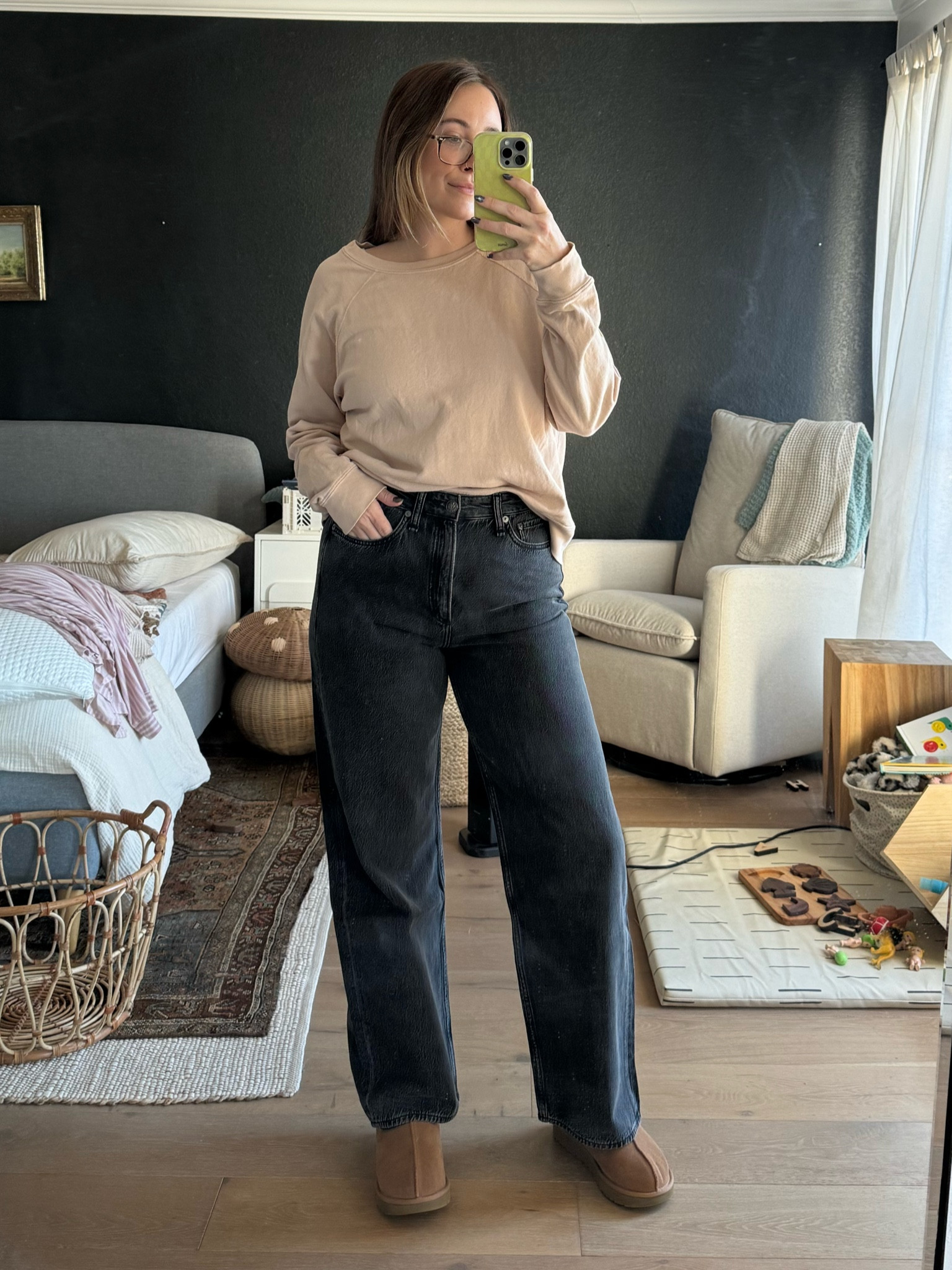 Newest jeans! Super flattering and a great shape. Wearing a size 29
Rag and bone, wide leg denim, mama style, midsize, mate the label, ugg slipper

#LTKmidsize #LTKshoecrush #LTKstyletip