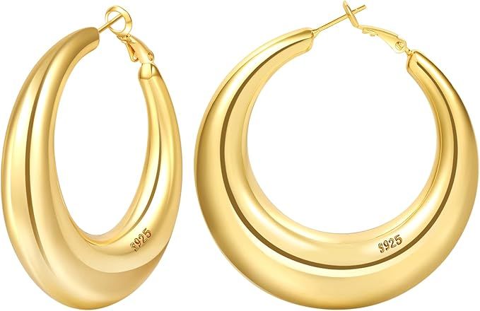 PABBEU Sterling Silver Hoop Earrings S925 Silver Hoop Earrings for Women Hypoallergenic Chunky La... | Amazon (UK)