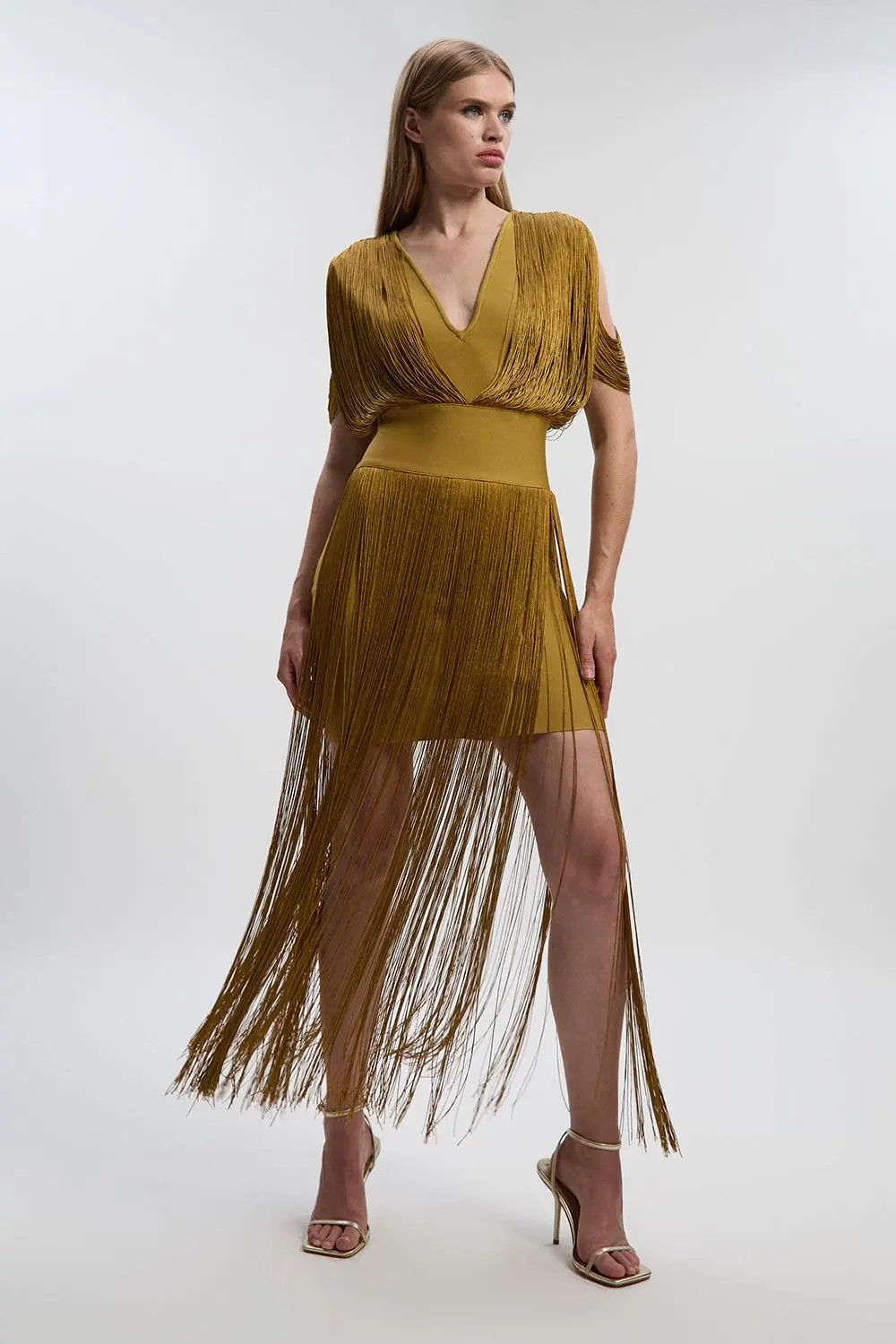 Karen Millen Bandage Knit Fringe Detail Dress in Gold at Nordstrom, Size X-Small | Nordstrom