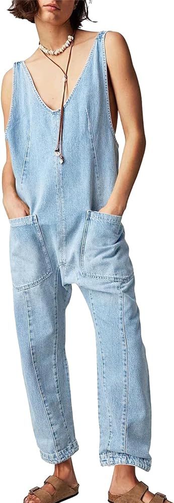 PLNOTME Women's Denim Overall Jumpsuits Sleeveless V Neck Adjustable Straps Jeans Long Pants Romp... | Amazon (US)