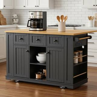 Black Wood 53 in. Kitchen Island with Drop Leaf, 3-Power Outlet, Storage Rack and 5 Open Side Rac... | The Home Depot