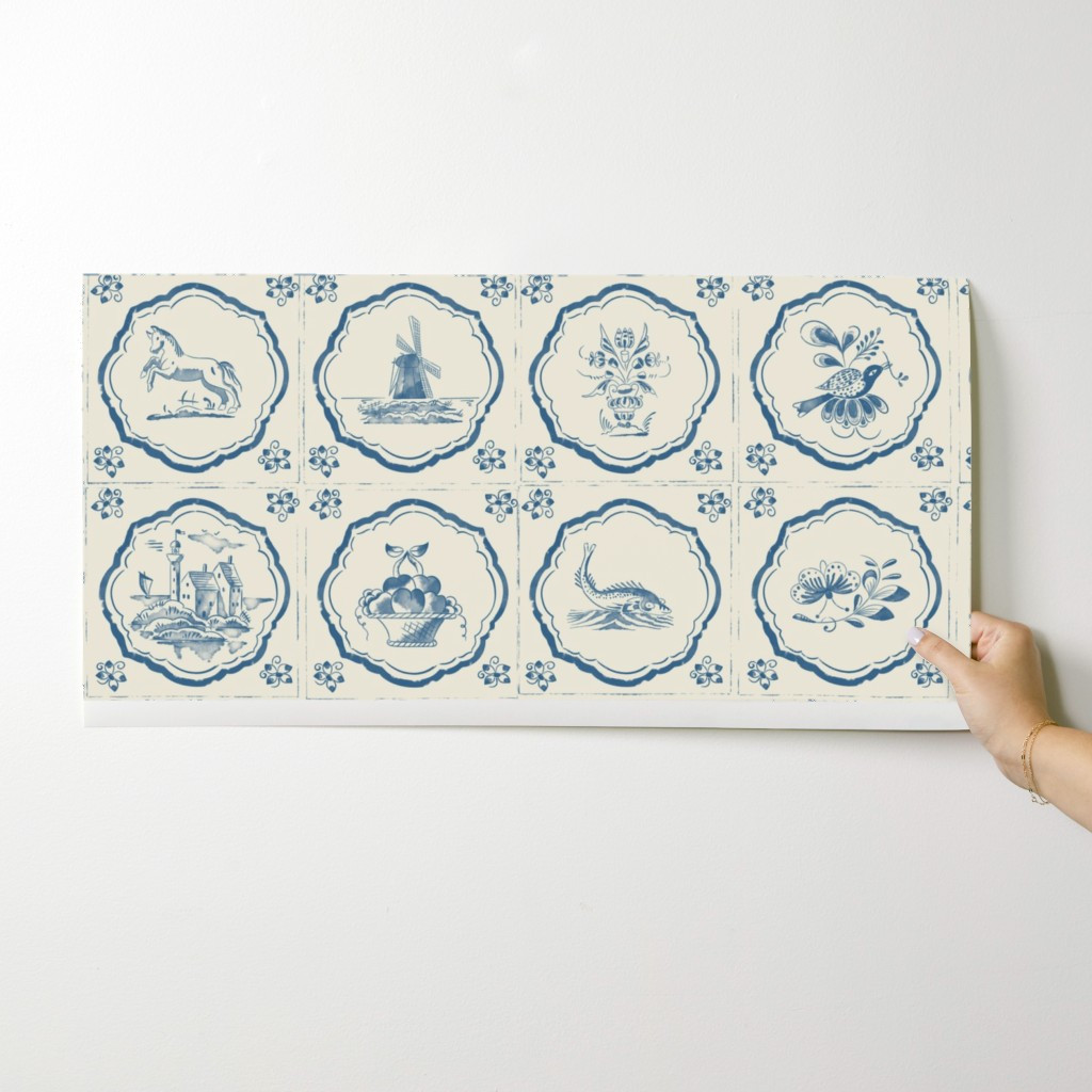 Wallpaper in Vintage Delft Blue Ceramic Legacy Tiles - watercolor - with Border - 24 | Spoonflower