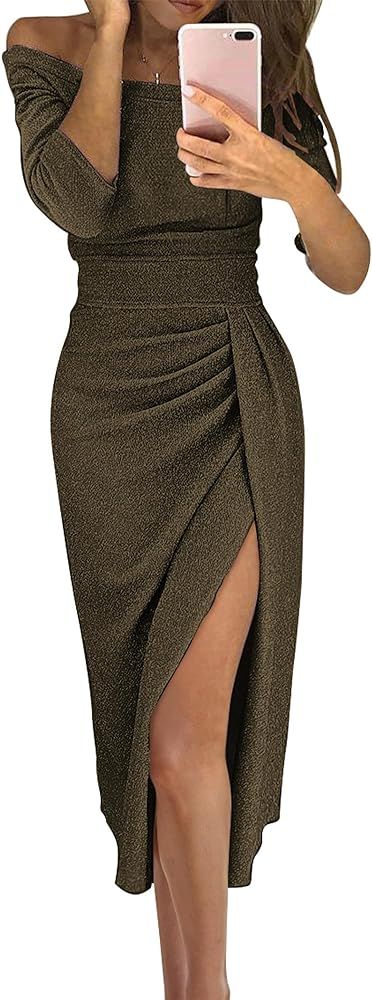 BTFBM Women Off Shoulder Bodycon Dresses Long Sleeve Ruched Slit Glitter Ball Gown Cocktail Party... | Amazon (US)