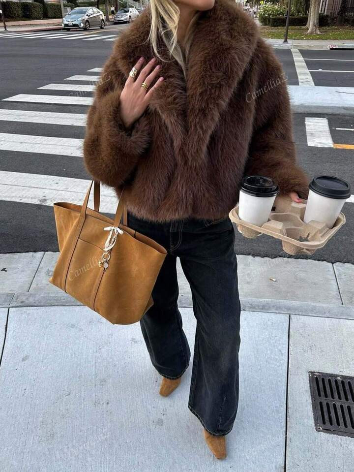 Camellia New Autumn/Winter Faux Fox Fur Collar Fashionable Short Jacket, Youthful Artificial Fur ... | SHEIN