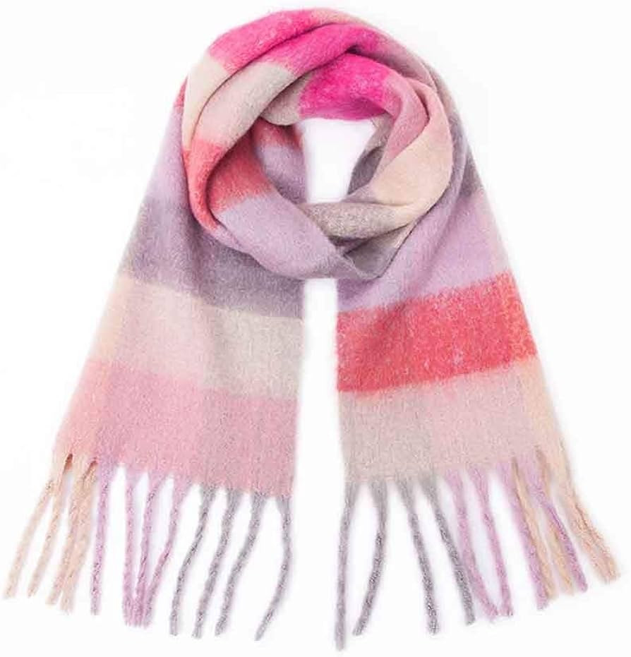 Soft Plaid Scarf Unisex Long Thick Shawl Scarf Winter Tassel Warm Scarf Women Casual Scarf (Pink,... | Amazon (US)