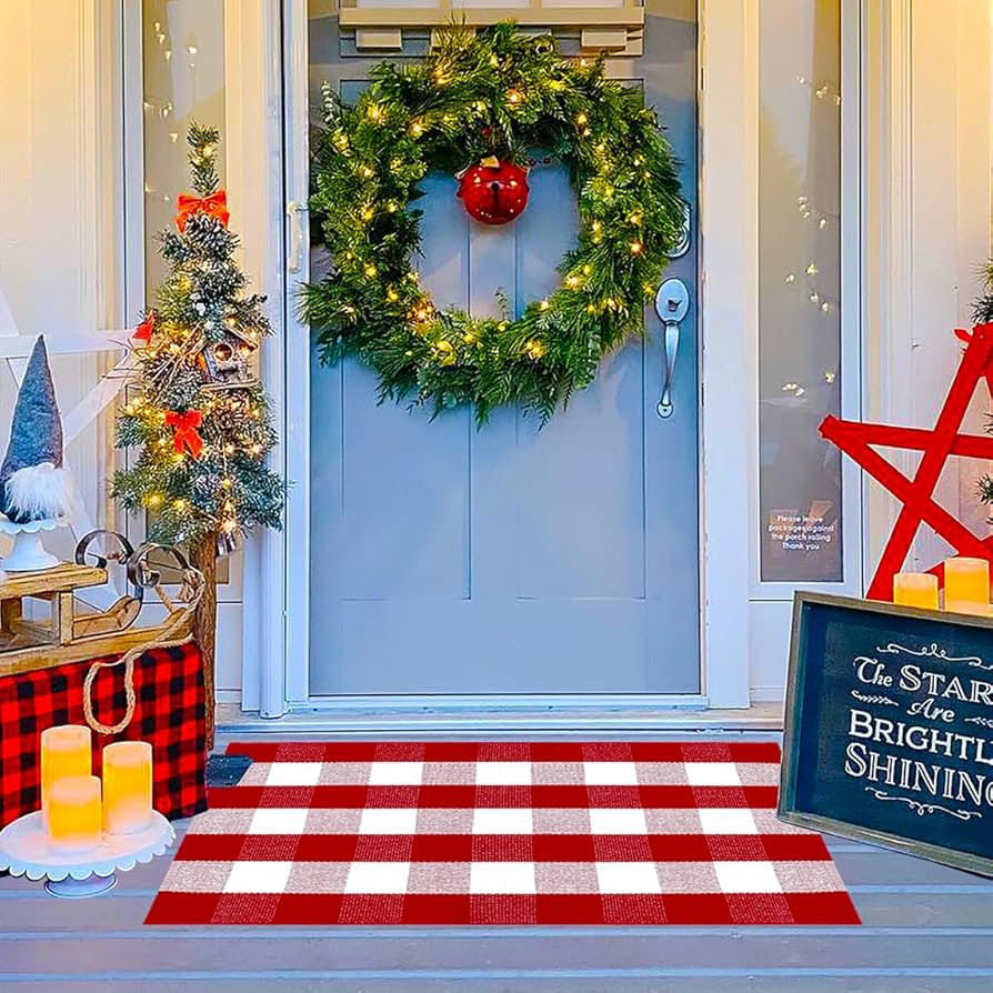 Ckorzen Red and White Plaid Rug, 28" x 43" Christmas Outdoor Front Door Decor Mat, Cotton Hand-Wo... | Amazon (US)