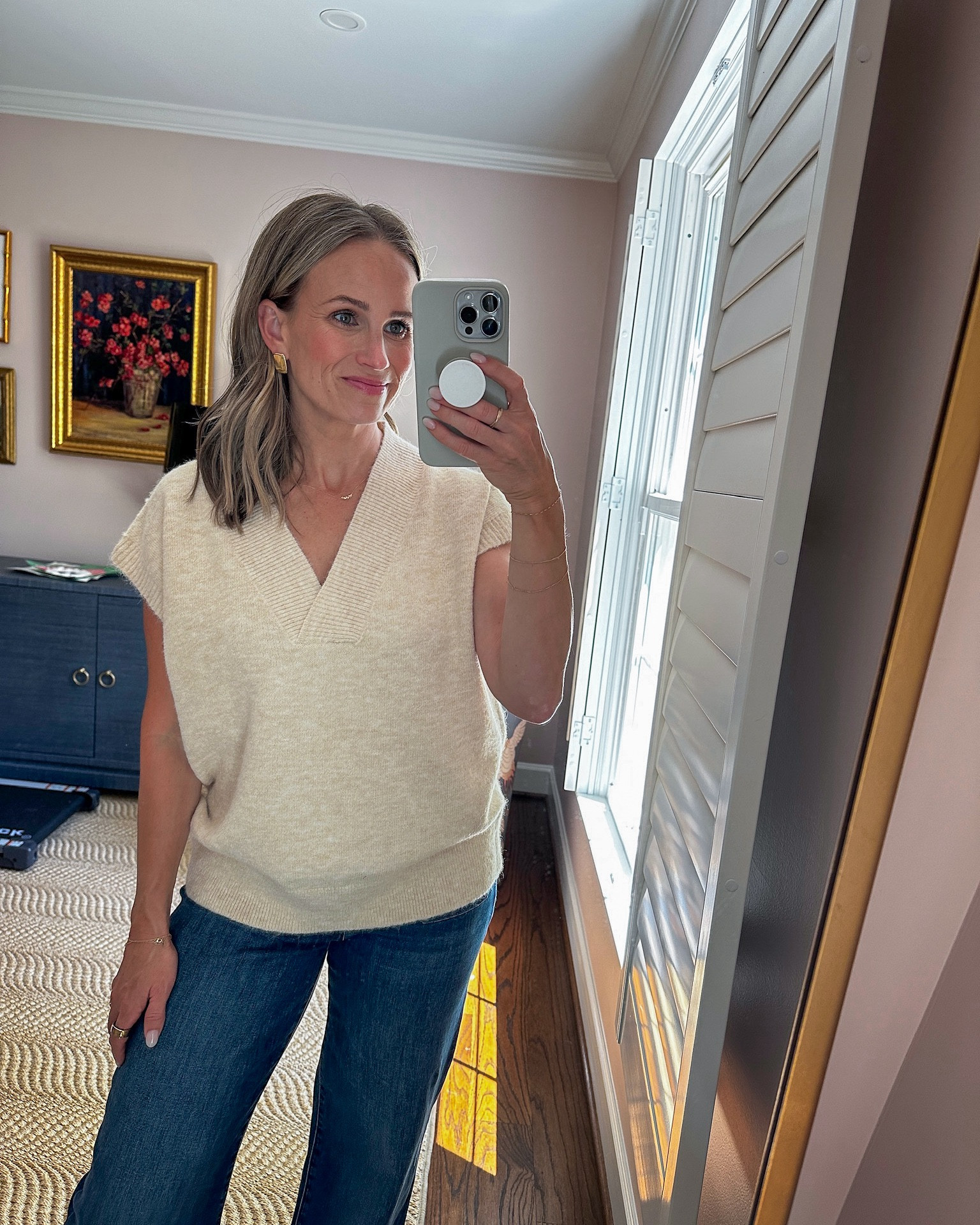 This cream sweater is super soft and a great price point. It runs large since it’s slightly oversized so size down for a more fitted look. I have an XS. 

Jeans are stretchy, under $100, and true to size. Wearing a 2. 

#LTKStyleTip #LTKxNSale