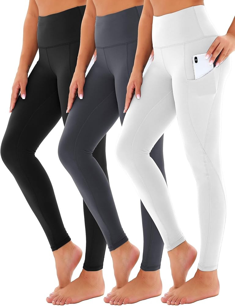 3 Pack Yoga Pants with Pockets for Women, Tummy Control Black Compression Gym Workout Leggings | Amazon (US)