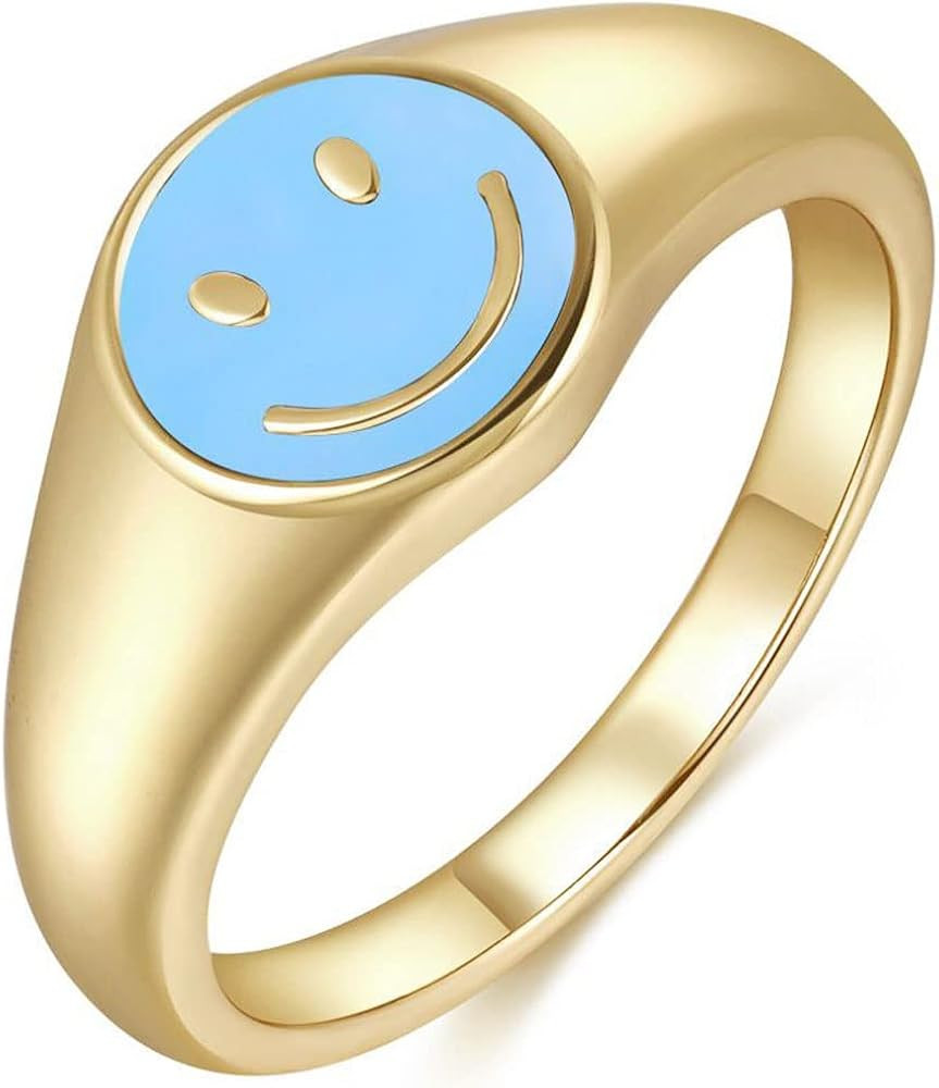 Smiley Face Ring, 18K Gold Plated Colorful Ring Cute Smile Ring Chunky Ring as Gift for Women Men... | Amazon (US)