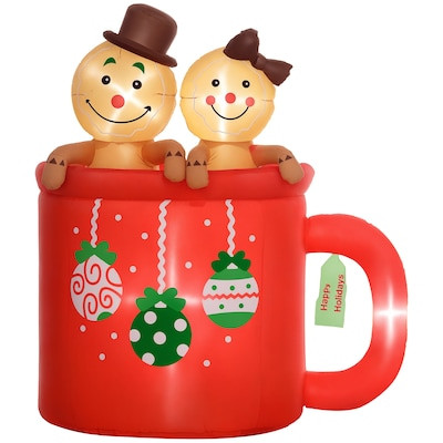 Outsunny  6FT Christmas Inflatable Couple Gingerbread Man in Hot Cocoa Mug Giant Christmas Inflat... | Lowe's