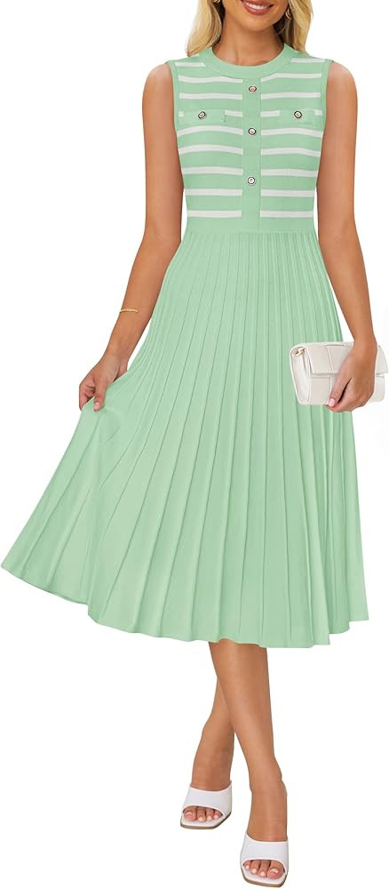 ZESICA Women's Sleeveless Striped Midi Dress Summer Crewneck Button Knit Swing Pleated A Line Cas... | Amazon (US)