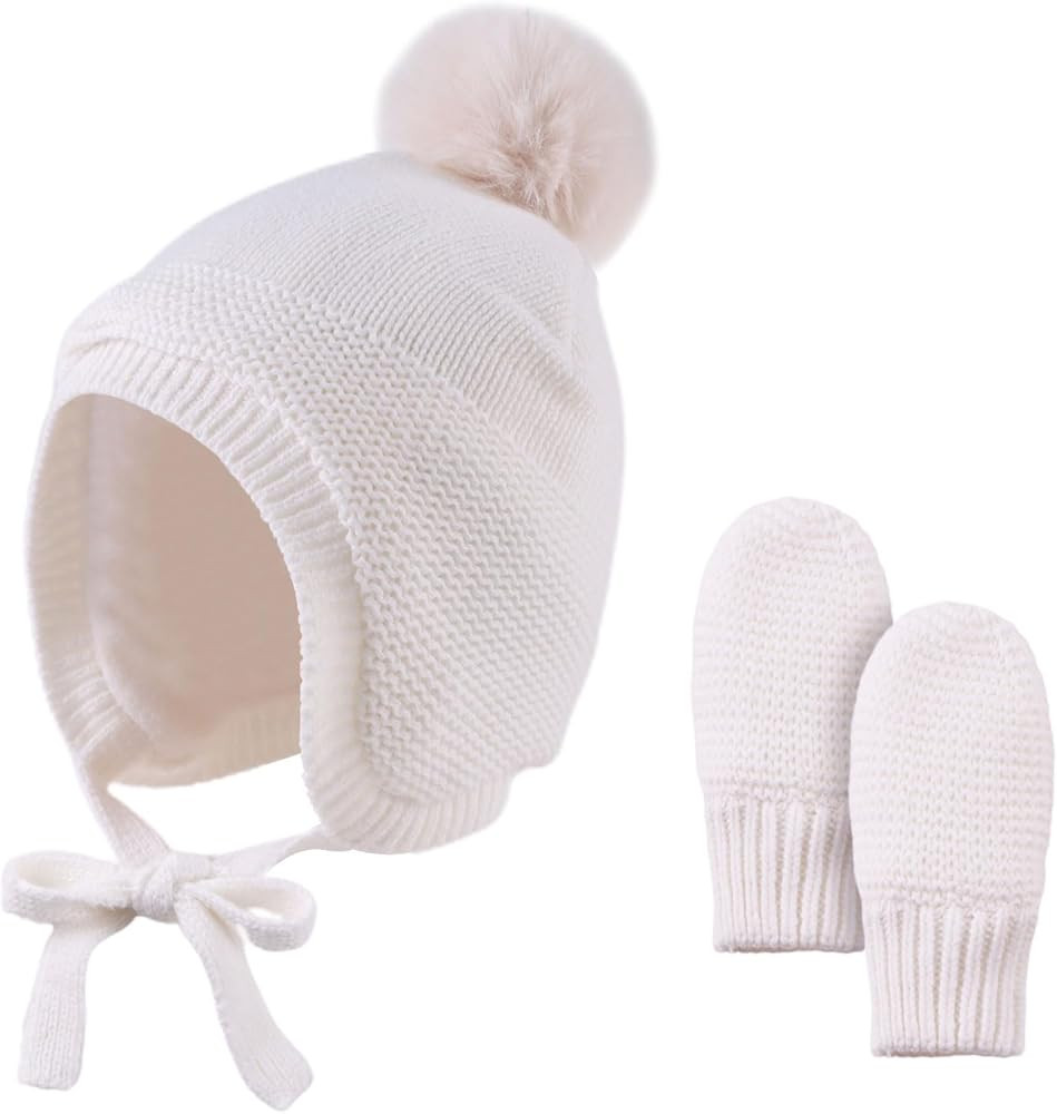 Basic Winter Baby Beanie Gloves Boys Girls Knitted Hat Pompom Kids Earflap Hats Warm Infant Toddl... | Amazon (US)