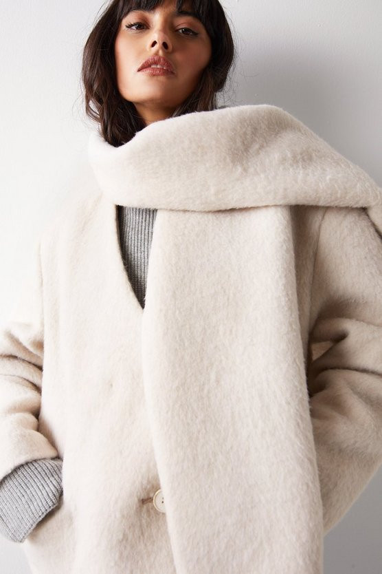 Premium Brushed Wool Blend Scarf Coat | Warehouse UK & IE