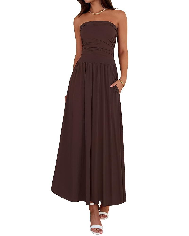 BTFBM Summer Maxi Dresses for Women 2025 Strapless Ruched Tube Top Flowy Beach Vacation Wedding G... | Amazon (US)