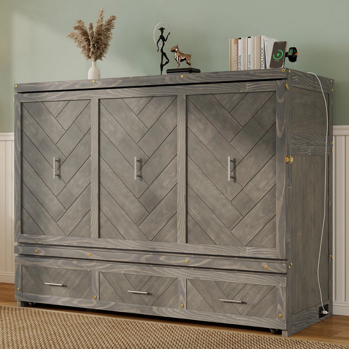 Queen Size Pine Wood Murphy Cabinet Bed with Built-in USB Charging and Geometric Panel – Grey | Wayfair North America