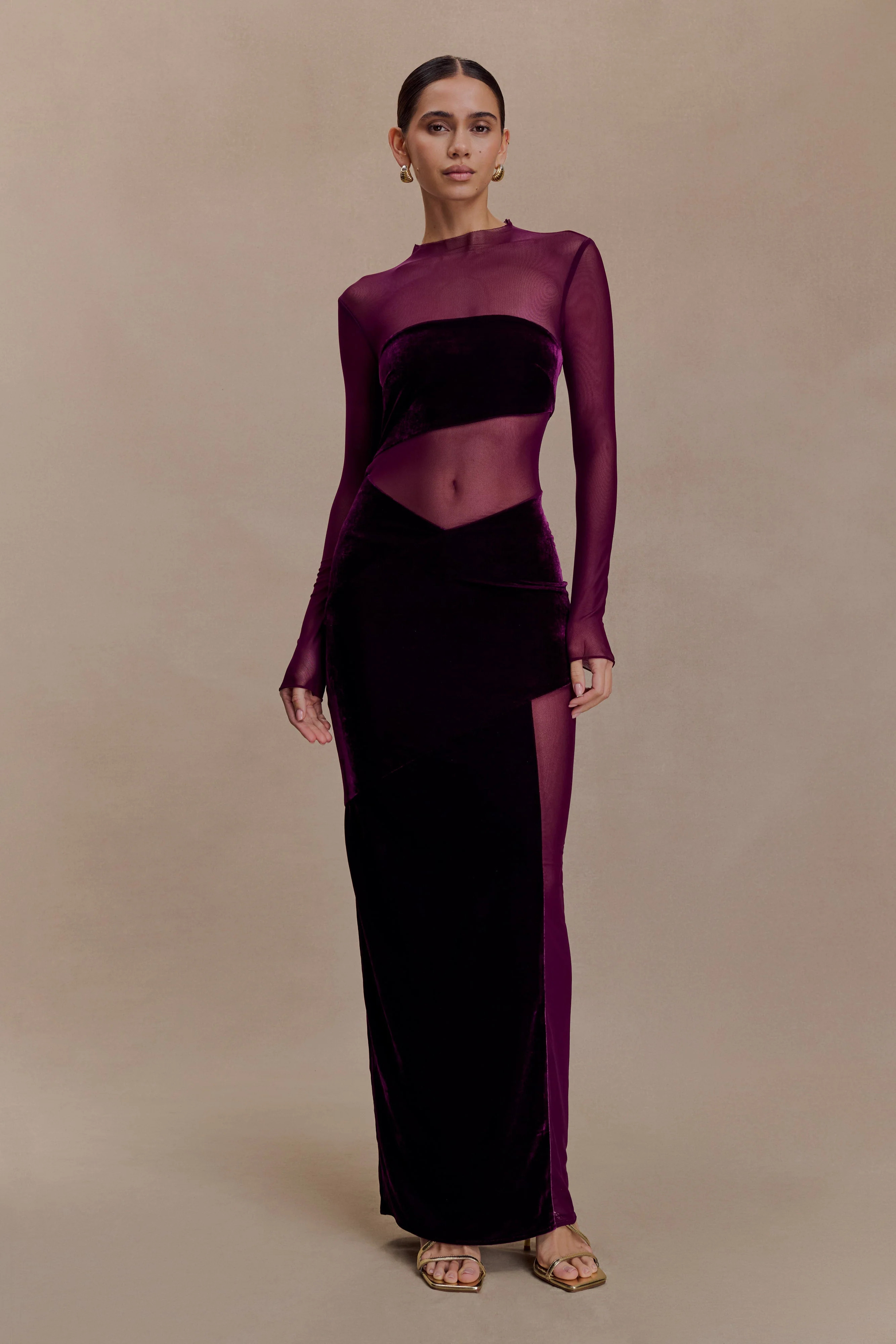 Davina Velvet And Mesh Maxi Dress - Purple | MESHKI US