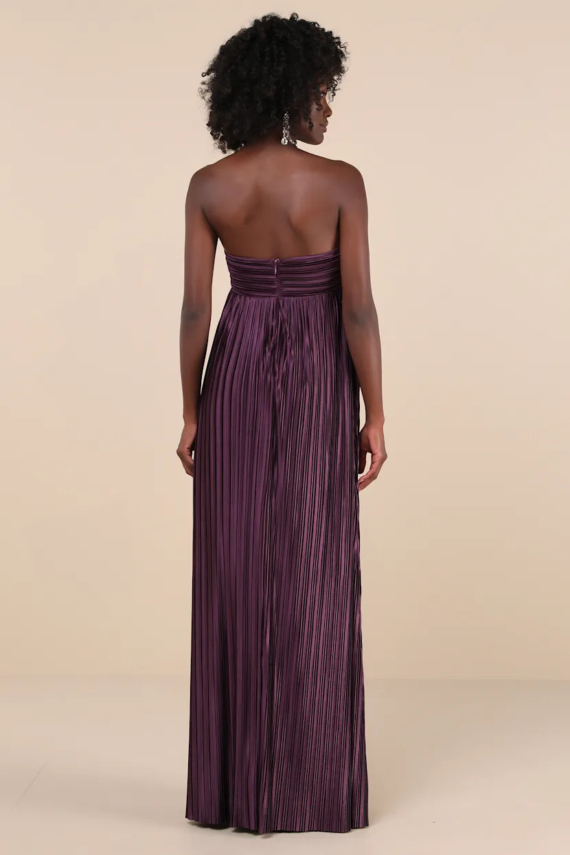 Whimsical Beauty Dark Purple Satin Plisse Strapless Maxi Dress | Lulus