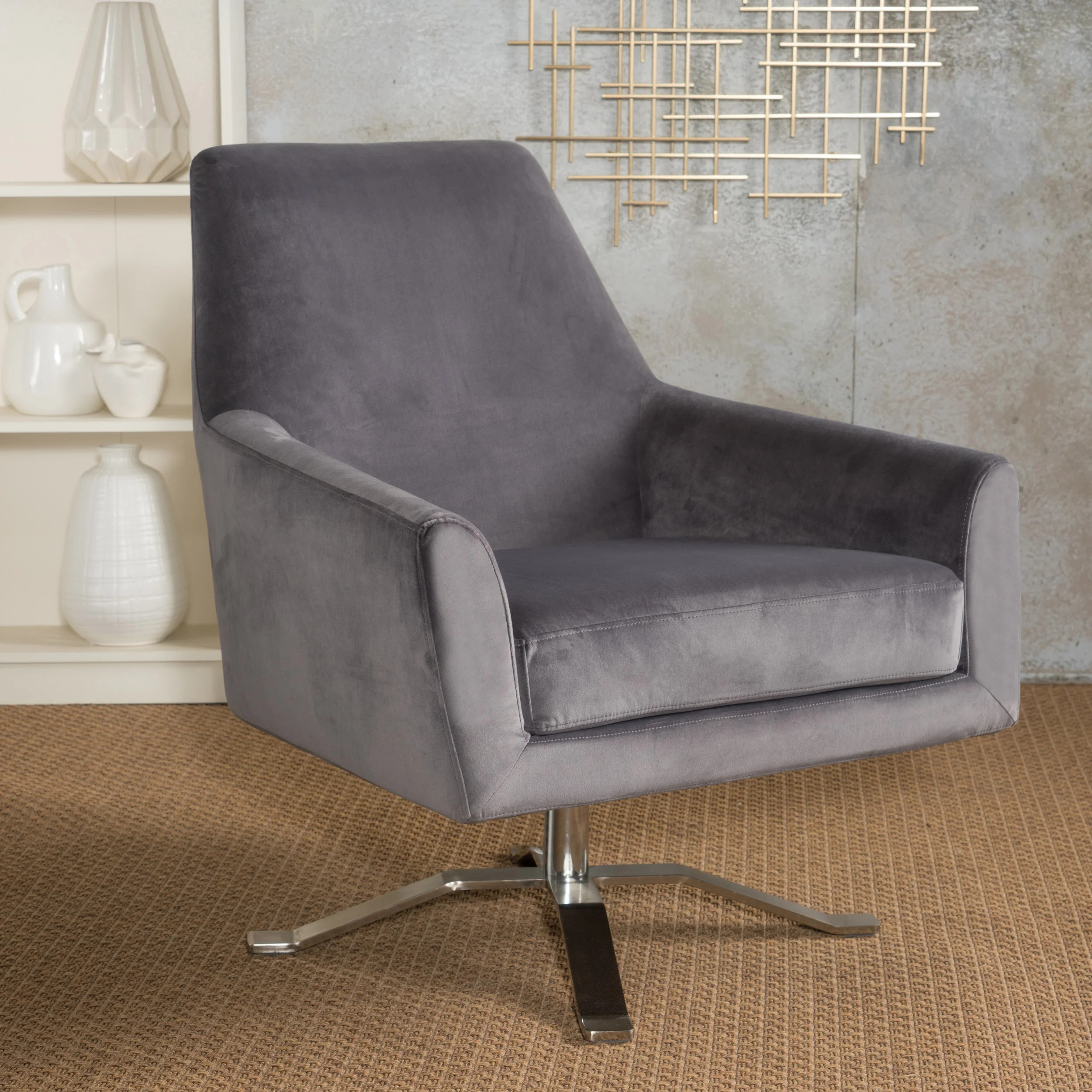 Noble House Ellie Grey Velvet Swivel Club Chair - Walmart.com | Walmart (US)