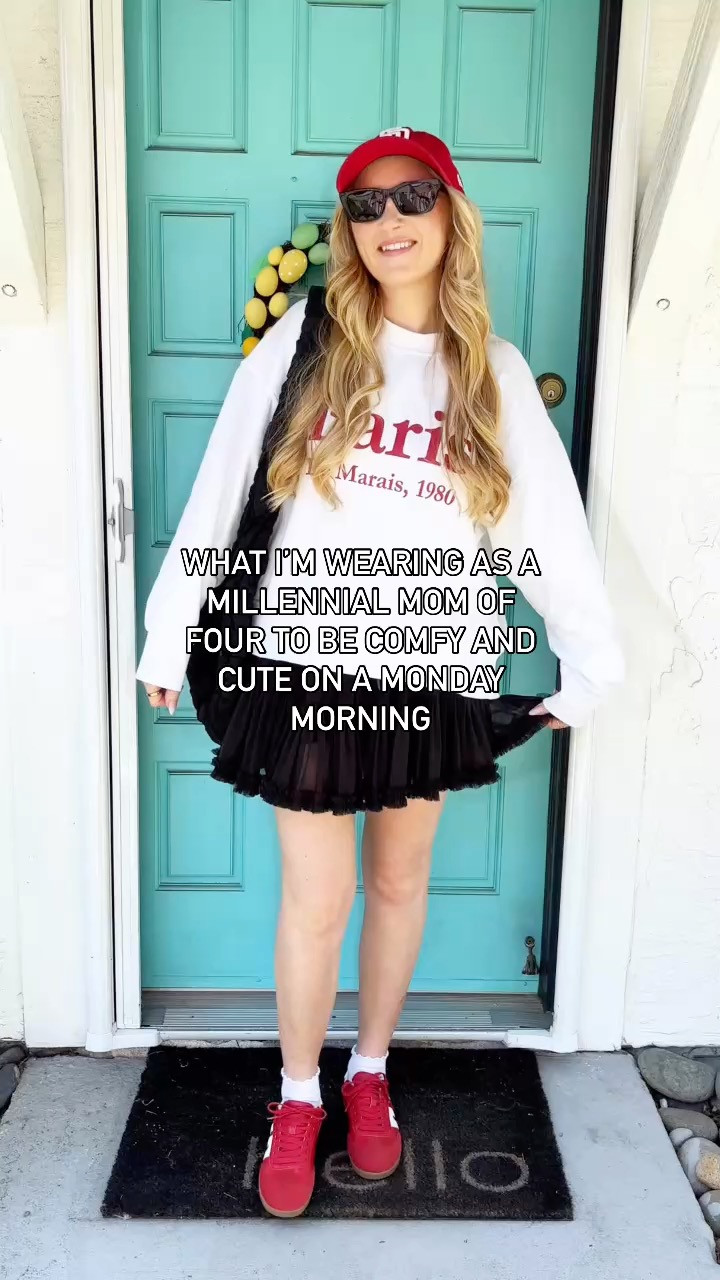 easy cute casual outfit idea ❤️ tulle athletic skirt, graphic sweatshirt, red sneakers and ruffle socks with a puffer bag and red ball cap!

Wearing M in sweatshirt, L in skirt at 150 lbs and 5'7" for reference. Shoes fit TTS!

graphic sweatshirt, Paris sweatshirt, tulle skirt, athletic skirt, amazon athleisure, red sambas, red sneakers, ruffle socks, red baseball cap, puffer bag, free people style, mom style, mom ootd, elevated casual, affordable style 

 #LTKFindsUnder50 #LTKFindsUnder100 #LTKStyleTip