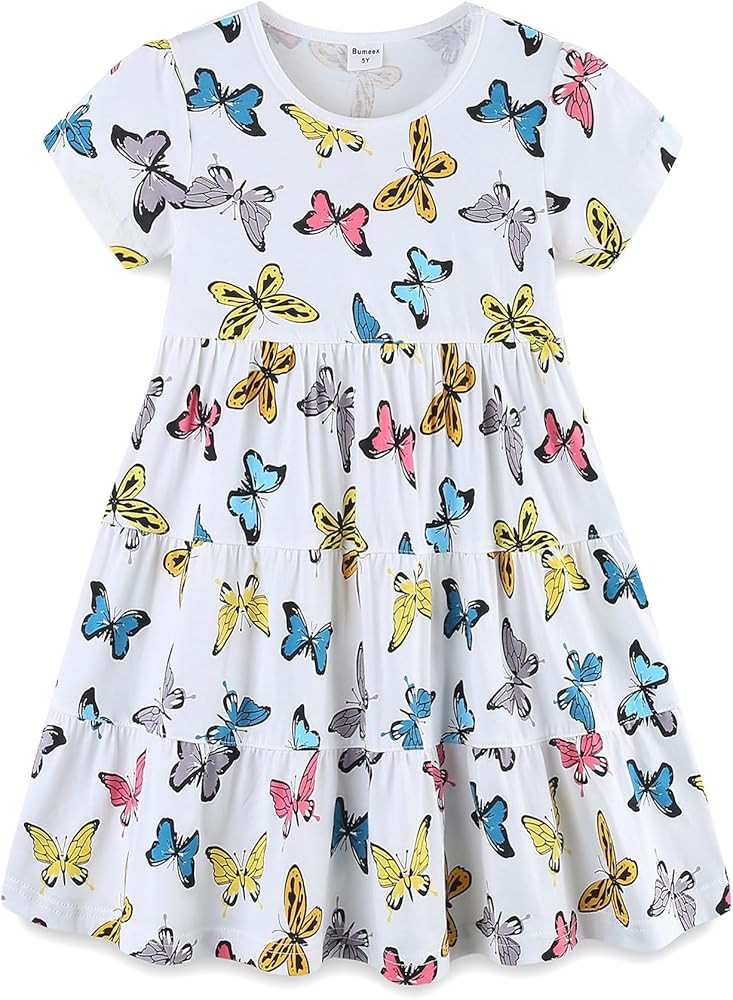 Bumeex Girl's Dresses Cotton Ruffle Sleeve Tiered Swing A-Line Cute Midi Casual Sundress | Amazon (US)