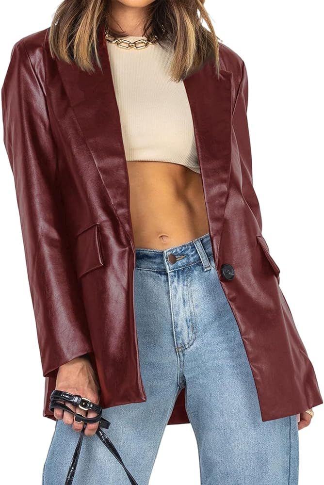 Womens Oversized Leather Jacket Long Sleeve Faux Leather Blazer Lapel Button Down Leather Shacket... | Amazon (US)