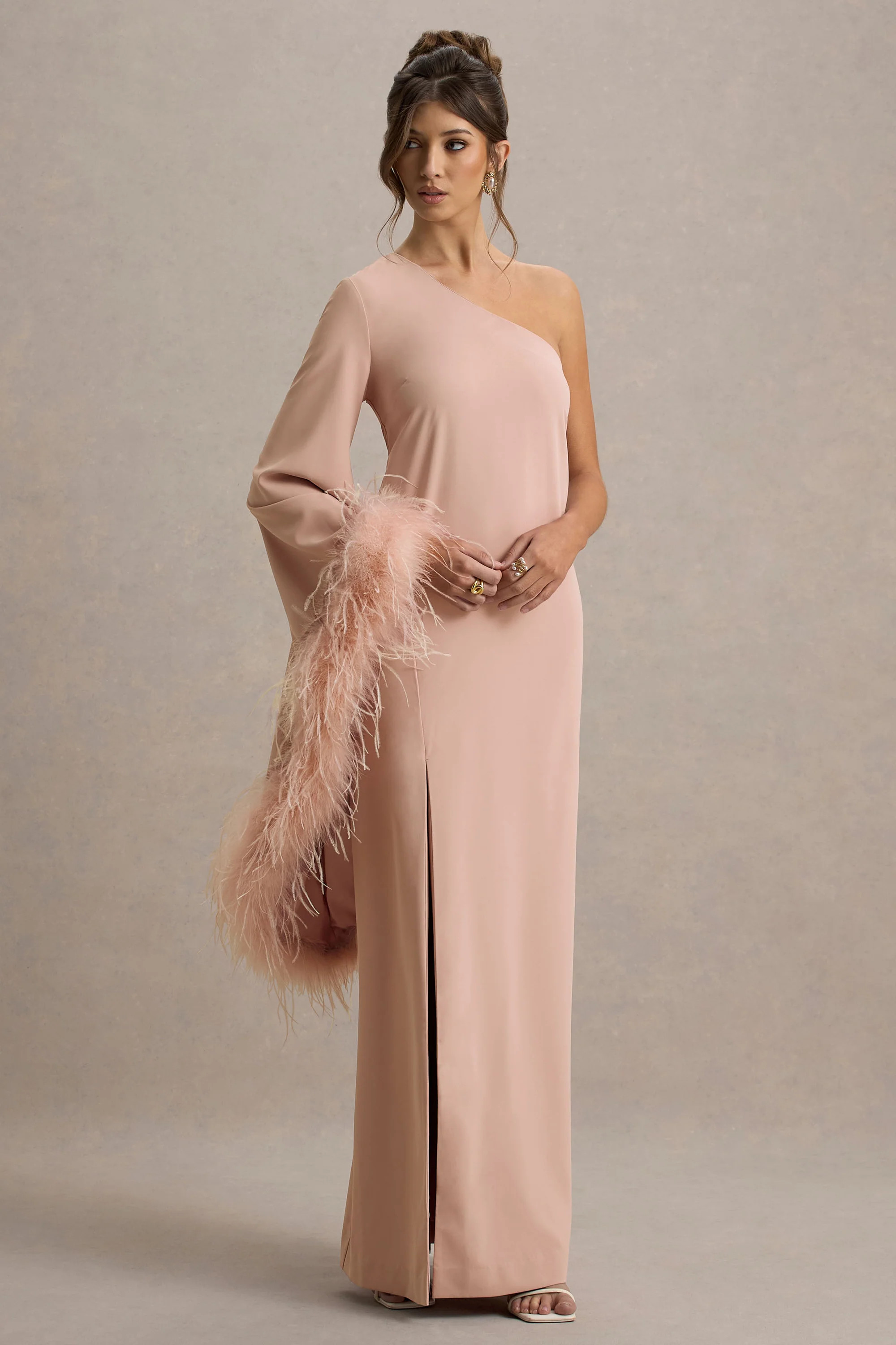 Armina | Blush Pink One-Shoulder Feather-Trim Maxi Dress | Club L London