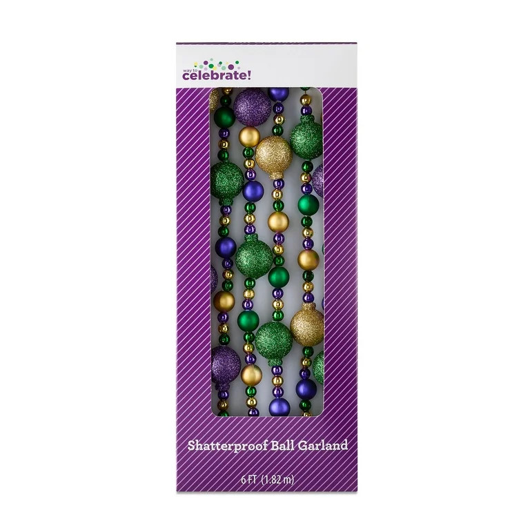 Shatterproof Small Ball Garland, Multicolor, 6', Mardi Gras by Way To Celebrate | Walmart (US)