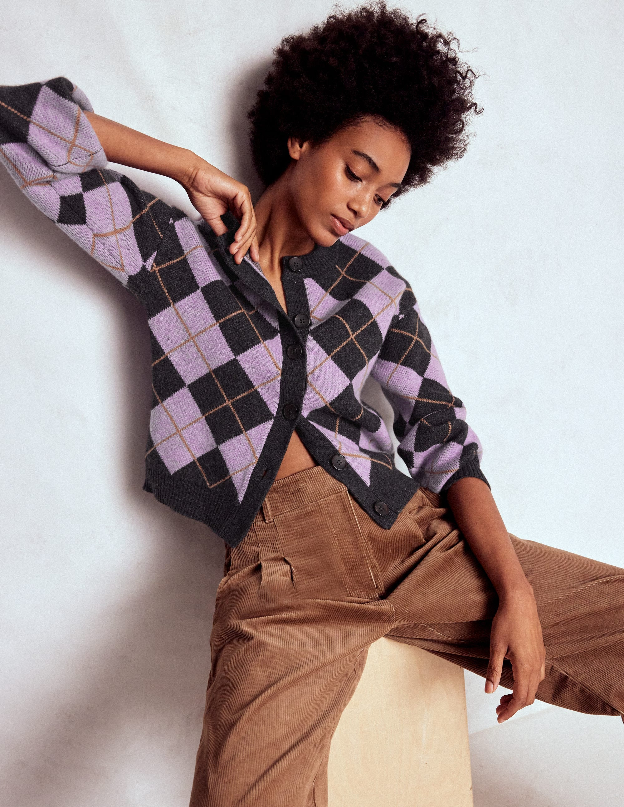 Abi Jacquard Cardigan-Lilac, Charcoal Melange Argyle | Boden (US)